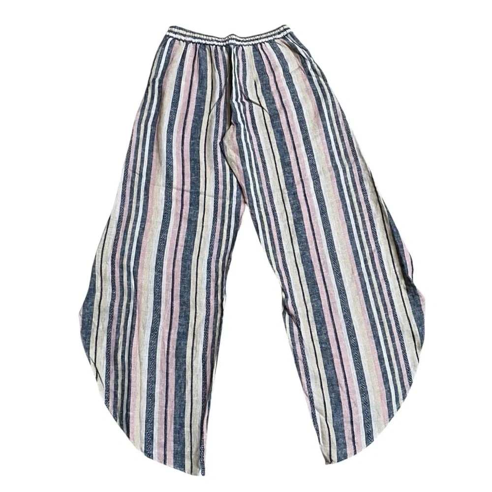 Drew Whitney Striped Linen Wide Leg Split Pants Anthropologie Small